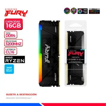 KINGSTON MEM. RAM KINGSTON FURY BEAST RGB, 16GB DDR4 3200 MHz.